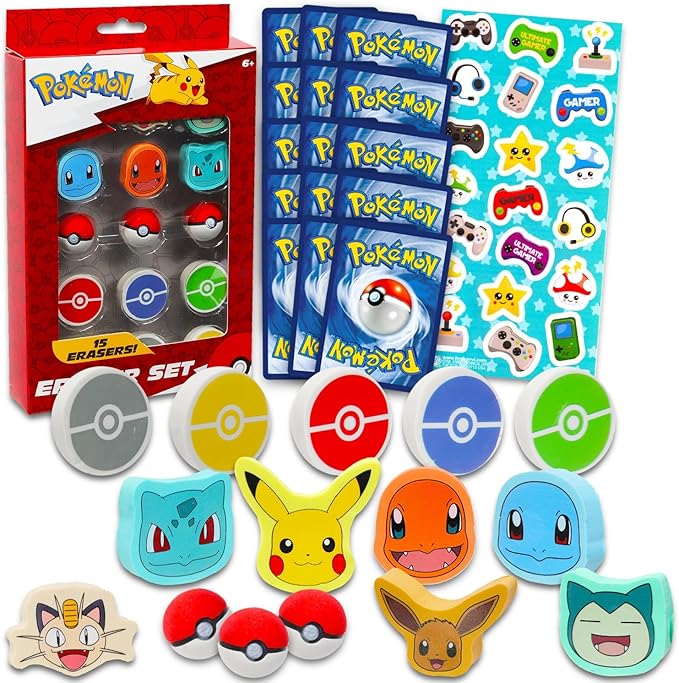 Pokemon Party Favor Set - Bundle with 15 Erasers Featuring Pokeball, Charmander, Bulbasaur, More Plus Trading Cards, Stickers | Pokemon Party Supplies Kit for Kids, Boys, Girls