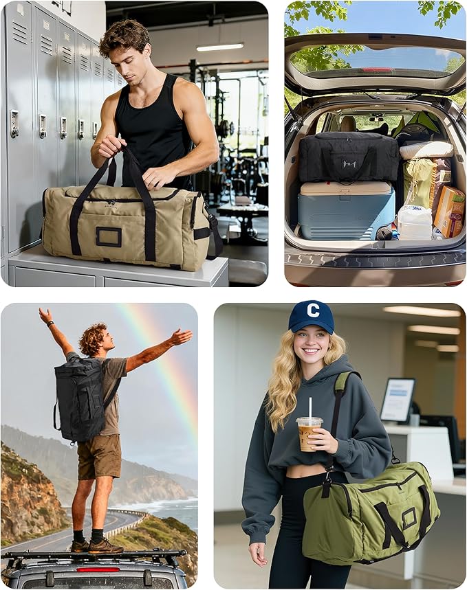 BAGSAMRT 60L Foldable Duffle Bag for Travel, Large Travel Duffel Bag for Men, 4 in 1 Travel Backpack, Carry on Weekender Bag, Light Brown