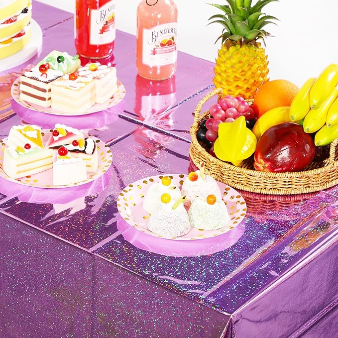 8 Pack Iridescent Light Purple Plastic Tablecloths Shiny Disposable Laser Rectangle Table Covers Holographic Foil Tablecloth Iridescent Kpop Birthday Bridal Wedding Party Decoration, 54 x 108 Inch