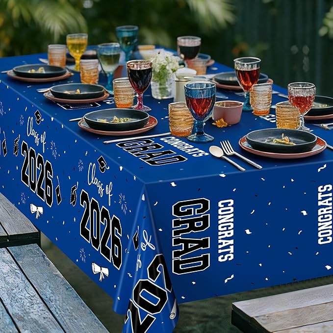 QZYL 4 Pack Graduation Tablecloth, 54" x 108" Blue Graduation Table Decorations 2026, Plastic Table Cloth for Class of 2026 Congrats Grad, Rectangle Disposable Grad Party Decorations Supplies Favors
