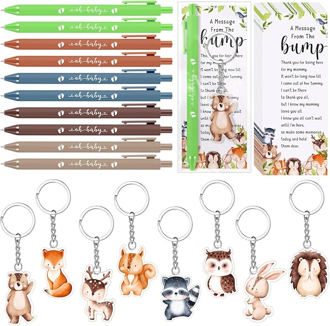 Highergo 100 Pcs Baby Shower Party Favors Bulk 50 Animal Keychains 50 Ballpoint Pens with Thank You Cards Gender Reveal Gift for Guest Baby Shower Souvenir Prize(Woodland)
