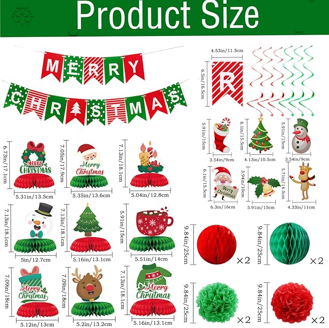 Merry Christmas Party Decoration Banner Set Paper Fan Flower Xmas Bunting ,Swirls Streamers Christmas Tree Xmas Stocking Santa Table Decorations