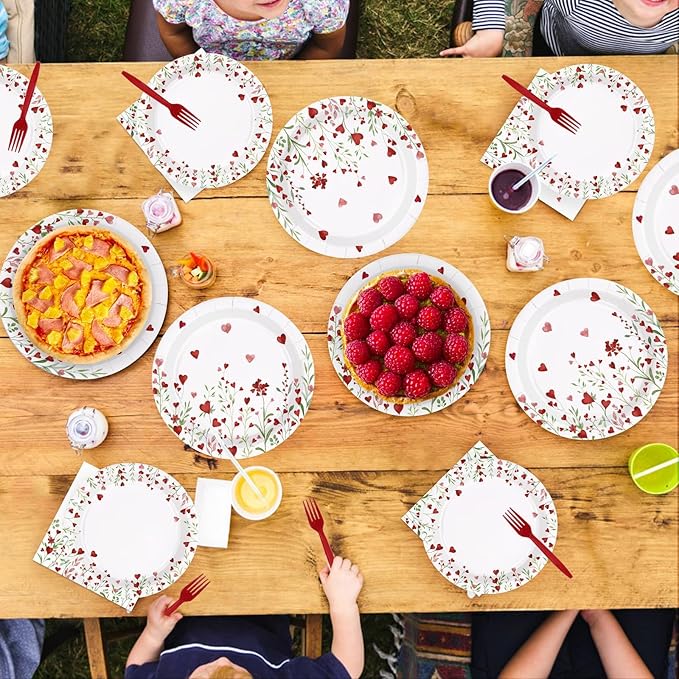 96 Pcs Floral Decorations Disposable Love Heart Flowers Paper Plates and Napkins Watercolor Lovely Flowers Tableware Set for Spring Anniversary Wedding Supplies, Serves 24