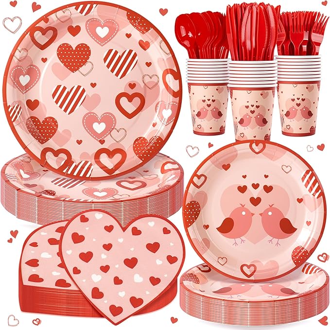 168PCS Red Love Heart Party Supplies for Valentines,Galentines Disposable Paper Plates Napkins Cups Cutlery for 24 Guest,Love Party Tableware for Anniversary Wedding Engagement Birthday Baby Shower