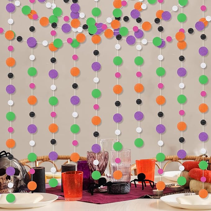 Outus 5 Pieces Orange,Black,Purple,Green,White Round Dots Garland Easter Graduation Party Hanging Decor Each Length 13.1ft Glitter Paper Dot Streamers for Birthday Wedding Classroom