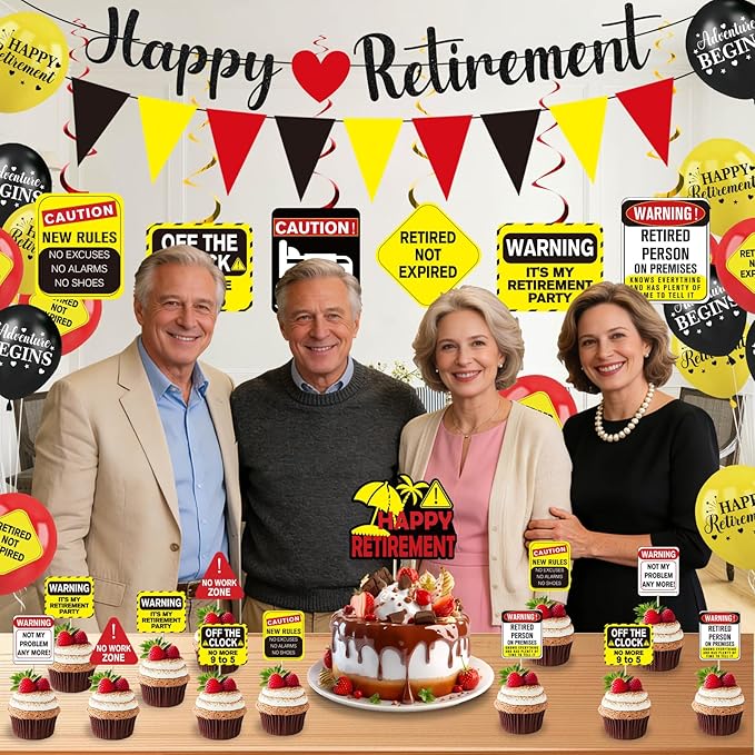 39pcs Funny Retirement Party Decorations for Men Women, Vintage Caution Happy Retirement Banner Balloons Hanging Swirls Pennants Cake Cupcake Toppers Funny Retired Party Supplies for Farewell