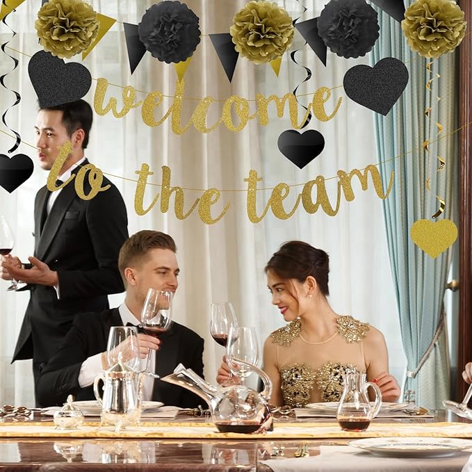 Welcome to The Team Banner Black Gold Glittery Welcome Banner for New Employee Team Member Coworker Staff Colleague New Teacher Welcome Party Banner Garland Decorations Welcome Banner for Office Party