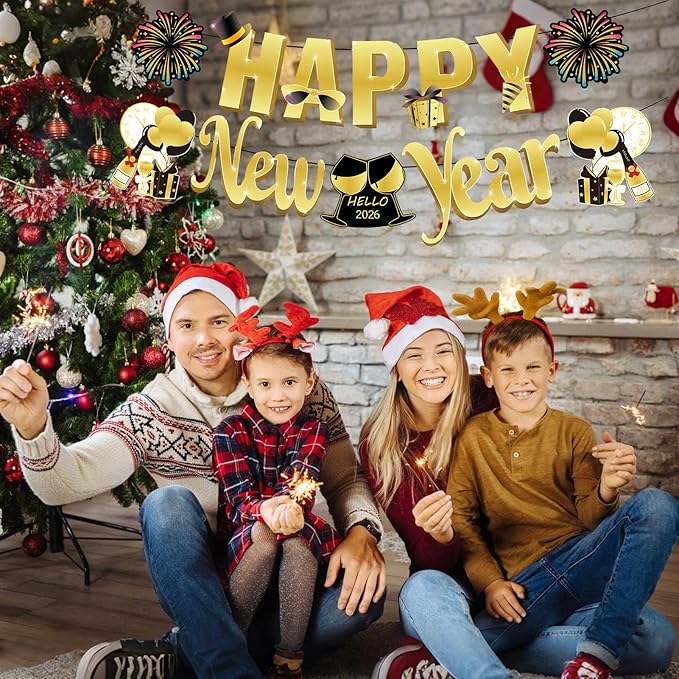 Happy New Year Party Decorations Supplies 2026- Hats, Banner, Glasses, Foil Balloon and Fringe Curtains, New Years Eve Black and Gold Party Decorations