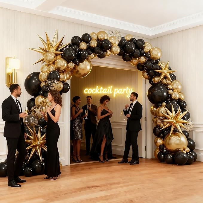 Black and Gold Balloons, 135pcs Black Gold Arch Kit Confetti Star Latex Balloons 5 10 12 18 Inch for Decorations Birthday Retirement Wedding Anniversary New Years Party Decorations