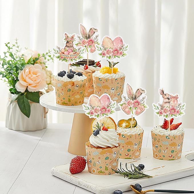 Ercadio 24Pcs Floral Easter Rabbit Bunny Ear Cupcake Toppers Rabbit Egg Happy Easter Cupcake Picks for Easter Day Spring Boys Girls Birthday Baby Shower Party Cake Cupcake Decors Supplies