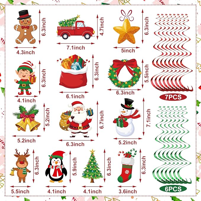 Merry Christmas Party Decorations Pre-strung Merry Christmas Banner with Hanging Swirls Red Green Santa Claus Snowman Hanging Ceiling Swirl for Xmas Holiday Party Home Decor