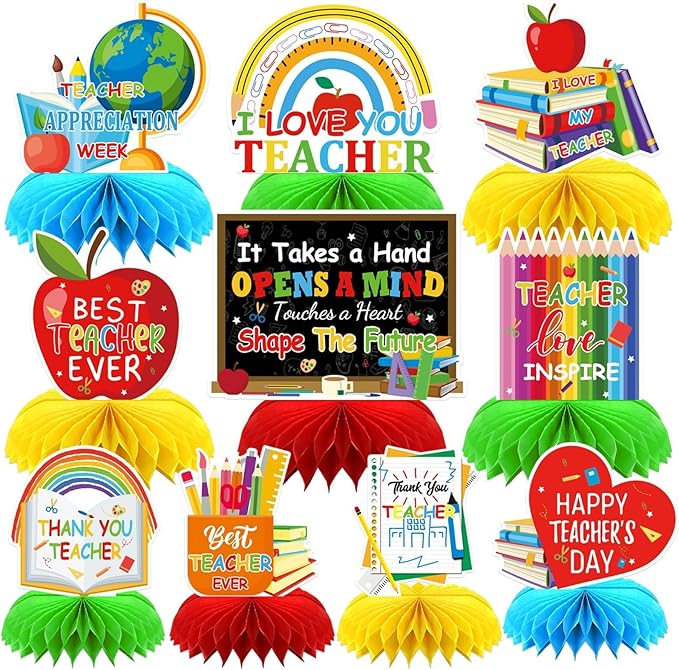 10 Pcs Teacher Appreciation Week Table Honeycomb Centerpieces Decorations, Thank You Teacher Table Centerpieces Table Topper for Teacher Day Graduation Home School Classroom Party Desk Decor
