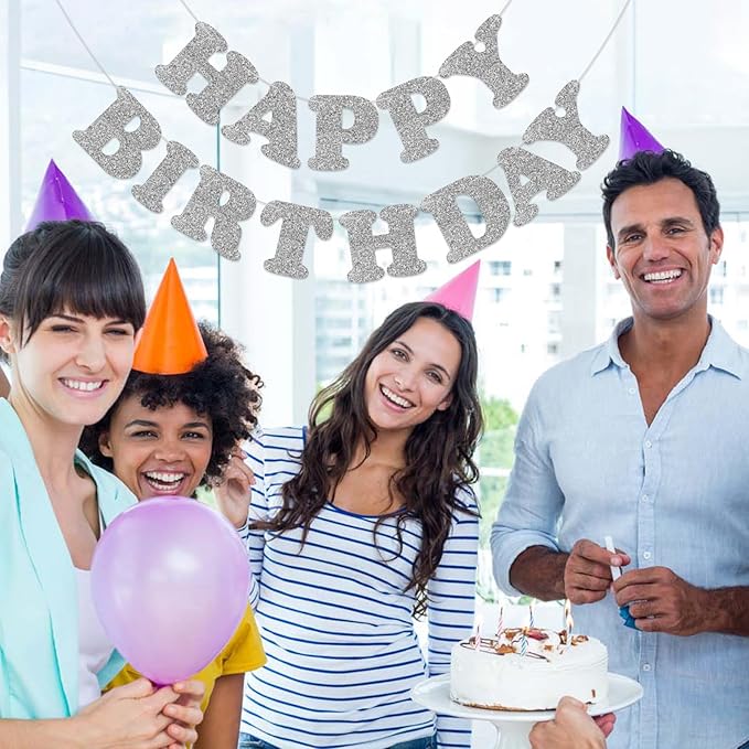 Glitter Silver Happy Birthday Banner Birthday Party Decorations Sign Garland Bunting Banner for Wall Decor Party Background for Kids Boys Girls Adults