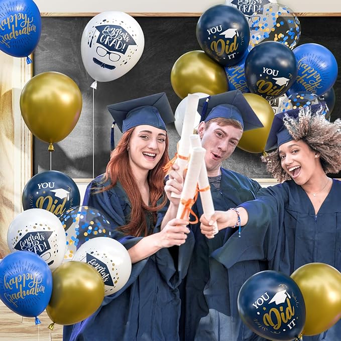 OuMuaMua 74 Pack Graduation Party Decorations Balloons Set - 12 Inch Navy Blue Metallic Gold Graduation Balloons Blue Gold White Confetti Balloons for Class of 2026 Grad Birthday Party Decor Supplies