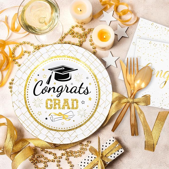 Whaline 175 Pcs Graduation Party Supplies, Paper Plates and Napkins Set, 25 Guests Gold Congrats Grad Disposable Tableware Include Plate Napkin Cup and Cutlery for Party Table Decor