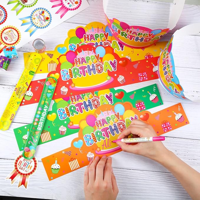 Yunsailing 108 Pcs Happy Birthday Party Supplies for Kids Include 36 Birthday Paper Crowns 36 Badge Stickers and Slap Bracelets for Classroom School Party Supply(Fresh Color)