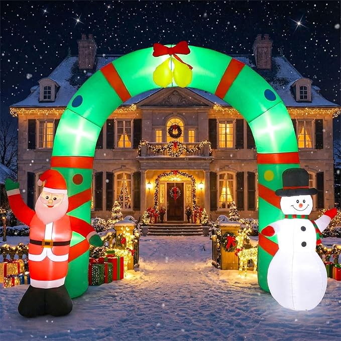 8ft Christmas Inflatable Archway Outdoor Decoration, Santa Claus and Snowman Arch Inflatable Blow up Yard Decor with Built-in LED Lights for Xmas Holiday Party Garden Lawn Decoration