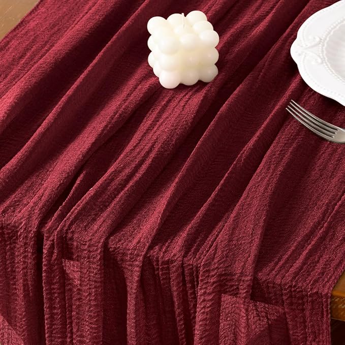 Socomi Burgundy Gauze Cheesecloth Table Runner 120 Inch Rustic Boho Cheese Cloth Runner for Wedding Party Baby Bridal Shower Centerpiece Decoration Holiday Home Decorations