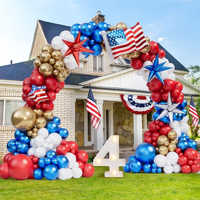 Bonropin Red White and Blue Balloon Garland Kit with Gold Balloons USA Flag Foil Balloon for Nautical Veterans Memorial Day Baseball Theme Party 4th of July Balloon Arch Graduation Decorations