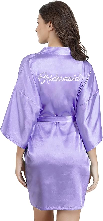 EPLAZA Women's One Size Silver Rhinestones Bride Bridesmaid Short Satin Robes for Wedding Party Getting Ready