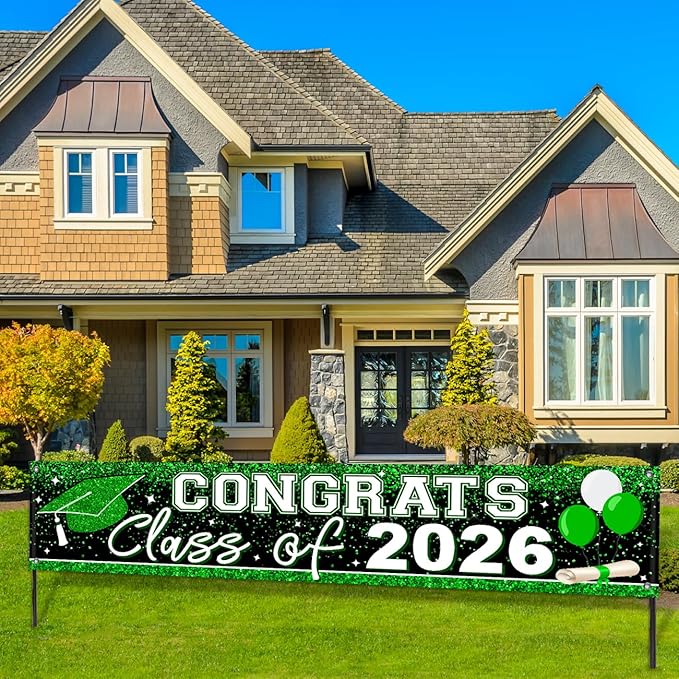 Graduation Decorations 2026 Yard Sign Large Class of 2026 Banner Green Congrats Grad Graduation Party Games Supplies (Green)