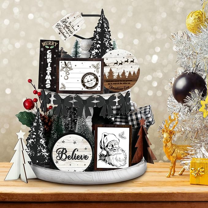 Christmas Tiered Tray Decor Wooden Sign Farmhouse Tier Tray Decorations for Home Xmas Winter Party Bathroom Kitchen Bedroom (Stylish Style, 15 Pcs)