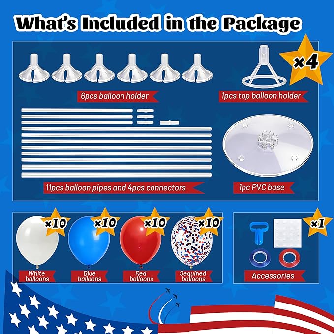 JOYYPOP 4th of July Balloon Centerpieces for Tables 4 Sets Balloon Stand Kit with 40 Red White Blue Confetti Balloons Patriotic 250th Anniversary Independence Day Table Decorations