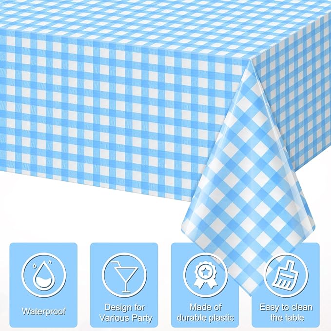 3pcs 54X108inch Light Blue Checkered Tablecloth,Blue Gingham Tablecloths Buffalo Plaid Disposable Plastic Table Covers for Birthday Baby Shower Bridal Wedding Party Birthday Decorations