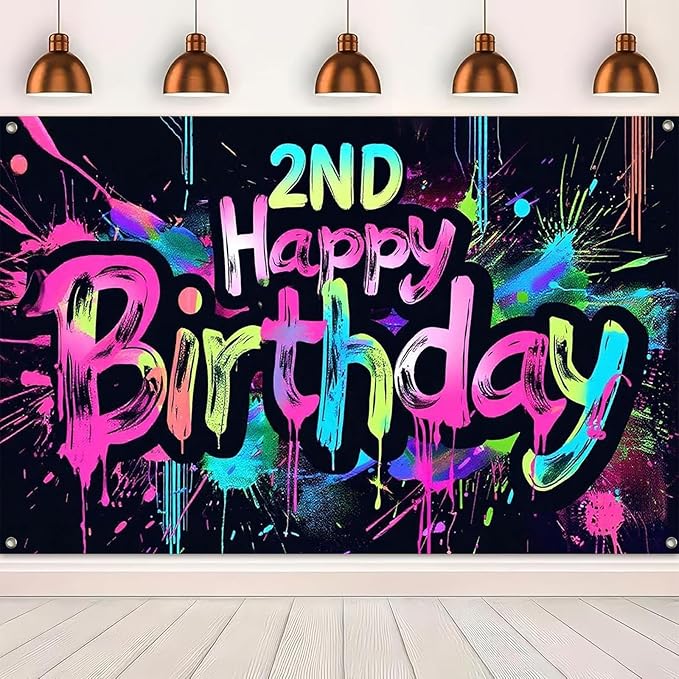 Neon 2nd Happy Birthday Party Banner 71x43 Inch Paint Splatter Backdrop Colorful Wall Decorations for Kids Boys Girls Second Birthday Photo Booth Background Event Decor Supplies