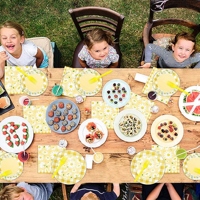 Wiooffen 96 Pcs Daisy Flower Party Supplies for 24 Guests Daisy Party Tableware Set Yellow Daisy Flower Birthday Party Pack Paper Plate Napkin Fork for Birthday Party Wedding Bridal Baby Shower