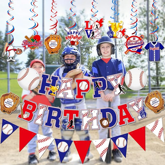 Happy Birthday Banner for Baseball Birthday Decorations Sports Theme Birthday Party Decorations and Baseball Hanging Swirls for Baseball Party Decorations