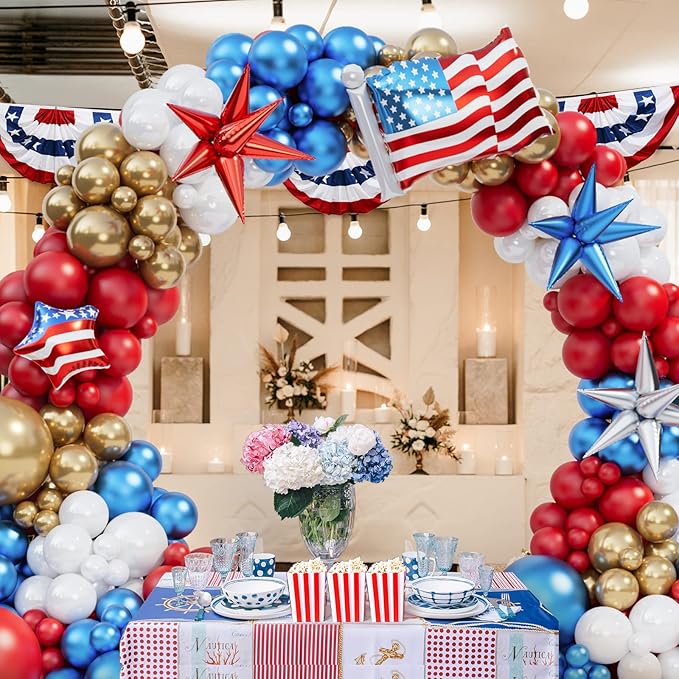Bonropin Red White and Blue Balloon Garland Kit with Gold Balloons USA Flag Foil Balloon for Nautical Veterans Memorial Day Baseball Theme Party 4th of July Balloon Arch Graduation Decorations