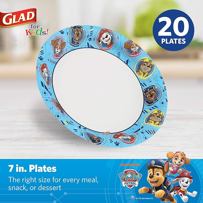 Glad for Kids Paw Patrol Disposable Paper Plates, Heavy Duty Soak Proof Microwavable Kids Plates for Parties, Birthdays, and Everyday Meals, Core Pups Blue, 7 Inch, 20 Count - 10 Pack