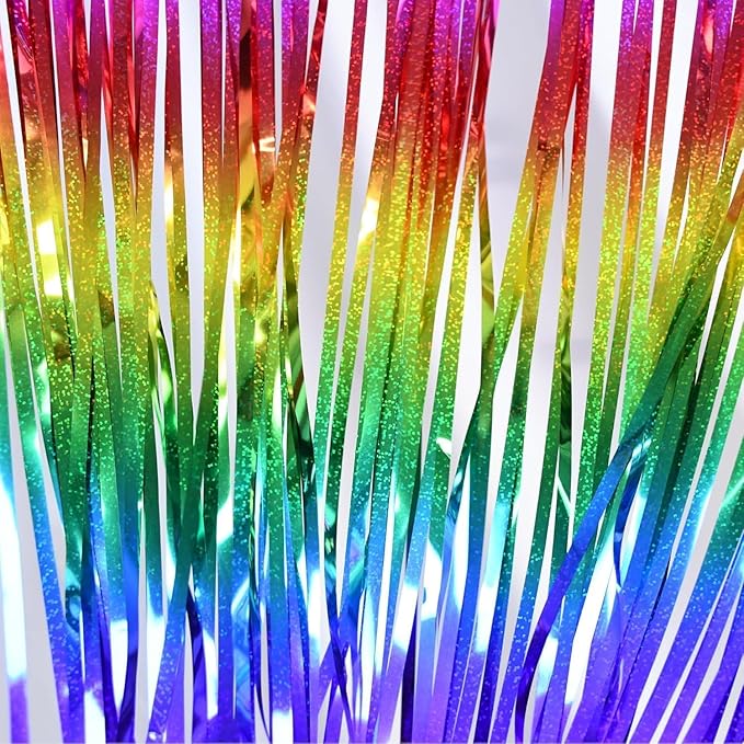 BRAVESHINE Tinsel Fringe Backdrop - 2 Pack Colorful Metallic Foil Curtain Streamers for Easter/80s/90s/Disco/Dance/Rainbow/Unicorn/Anniversary/Bridal/Engagement/Bachelorette/Birthday Party Decorations