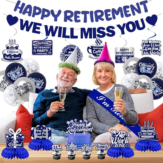 Retirement Party Decorations Men Women, Blue Silver Happy Retirement Decorations, Pre-Strung Happy Retlrement & We Will Miss You Banner, Balloons, Hanging Swirl, Cake Topper Retired Sash Honeycomb Set