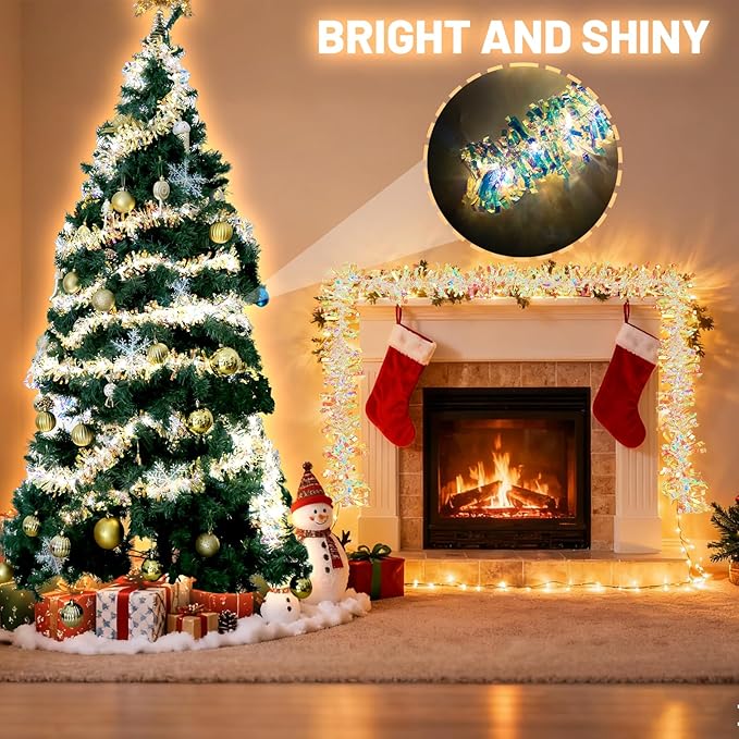 LAWOHO 2 Pack 6.5FT Christmas Tinsel Garland with Lights, Shiny Iridescent Foil Garland for Valentines Day, Christmas Tree, Wedding Birthday Party, New Year Holiday, Indoor Outdoor Hanging Home Decor