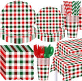 452 Pcs Red and Green Christmas Buffalo Plaid Party Supplies for 50, Scalloped Christmas Gingham Plaid Paper Plates Napkins Cups Tablecloth Cutlery Straws for Rustic Holiday Party Decoration