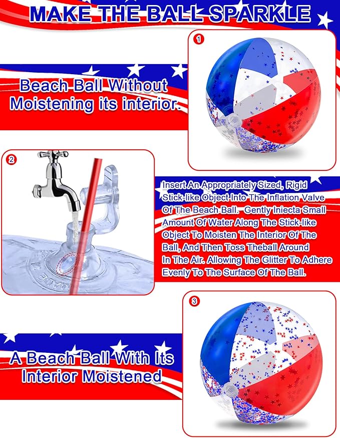 12 Pack 16" Inflatable Patriotic Beach Balls,4th of July Red White and Blue Stars Glitters Beach Ball Bulk,250th Anniversary Pool Toys for Kids & Adults Summer Swimming Pool Beach Party Game Water Toy