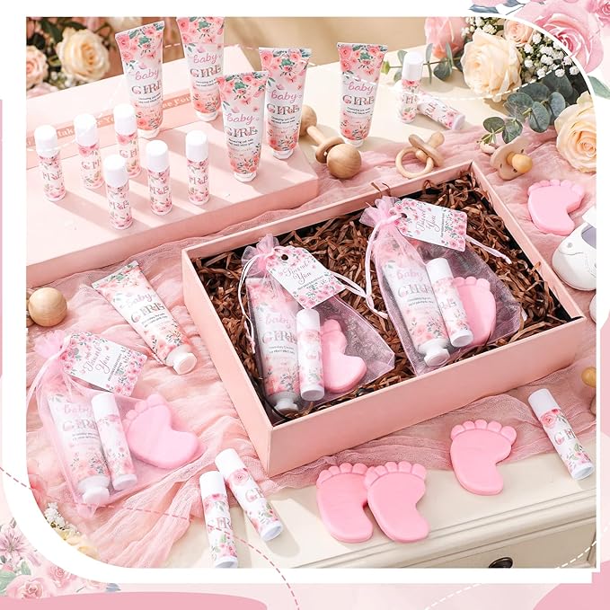 Loopeer 30 Set/150 Pcs Pink Flowers Baby Shower Favors for Guests Gifts Hand Cream Lip Balm Soap Party Favors Gifts Travel Size with Organza Bags, Thanks You Card for Baby Shower Birthday Wedding