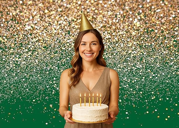 Gold Glitter Green Backdrop 7x5ft – Sparkling Green and Gold Photography Background for Birthday Party, Christmas, Anniversary, Wedding Holiday Decorations Photo Booth Props