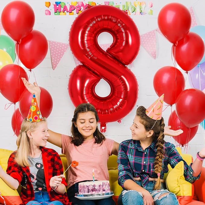 Red Number 8 Balloon 40 Inch, Big Large Foil Helium Number Balloons, Jumbo Giant Mylar Number 8 Balloons for 8 Year Old Birthday Red Party Decorations Supplies Anniversary