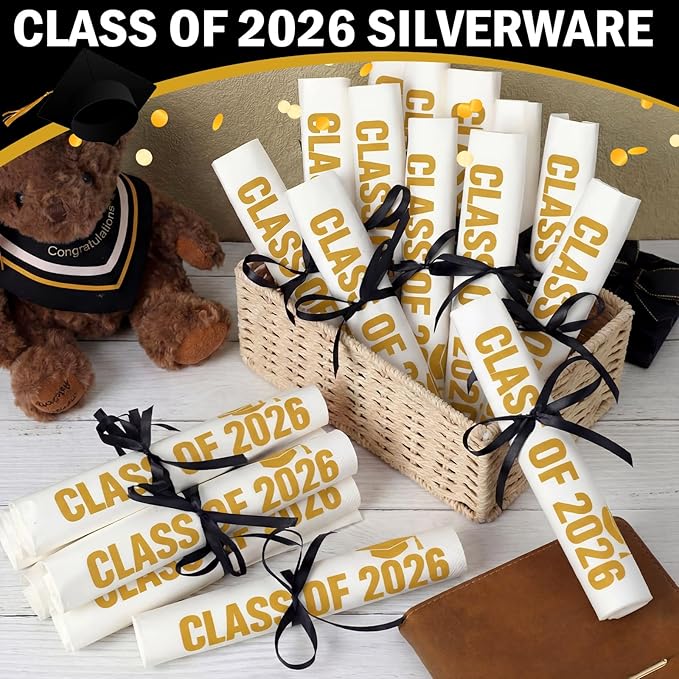 100 Set Graduation Class of 2026 Guest Gold Napkins Black Rolled Silverware Disposable Grad Award Dinner Napkin with Ribbon and Scissors for Celebration