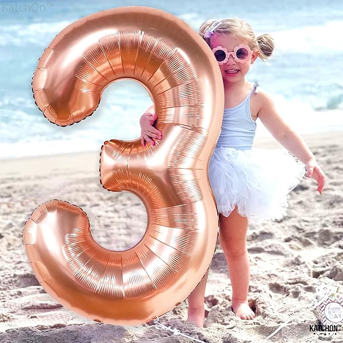 KatchOn, Large Rose Gold Number 3 Balloon - 40 Inch | Mylar Foil Balloon For 3rd Happy Birthday Decorations |Rose Gold Number 3 Balloon For 3rd Anniversary Decorations | Birthday Party Decoration