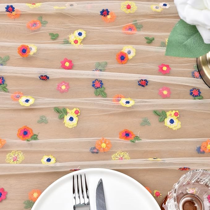 Joanlody 3pcs Champagne Embroidery Daisy Spring Summer Table Runner 10ft Florals Seasonal Easter Tulle Table Runner Holiday Kitchen Dining Table Decoration for Home Party Indoor