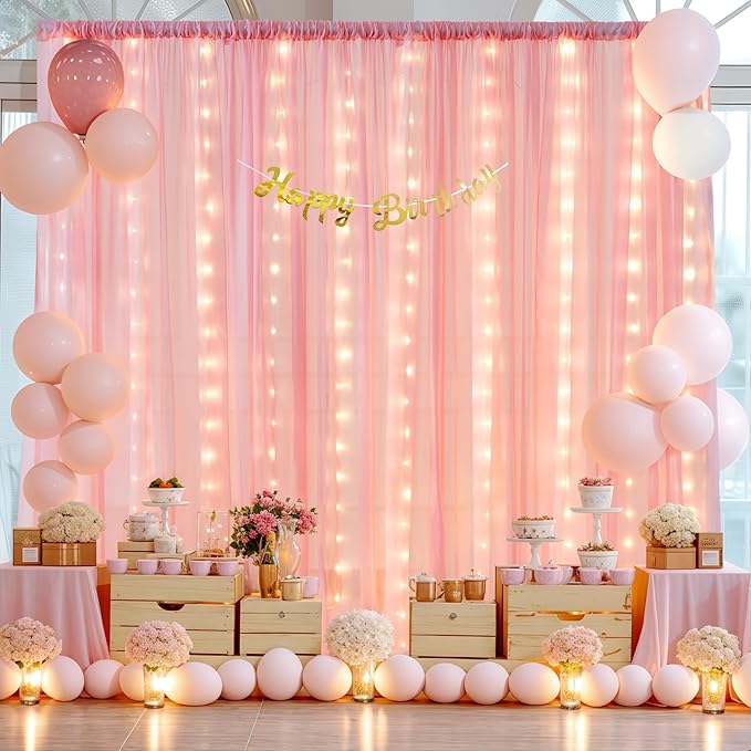 10ft x 10ft Baby Pink Backdrop Curtain with Lights String for Parties,2 Panels Sheer Tulle Curtain Wedding Photo Backdrop with Lights for Baby Shower Birthday Party Ceremony Home Decorations