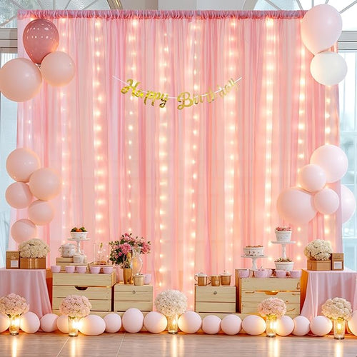 10ft x 10ft Baby Pink Backdrop Curtain with Lights String for Parties,2 Panels Sheer Tulle Curtain Wedding Photo Backdrop with Lights for Baby Shower Birthday Party Ceremony Home Decorations