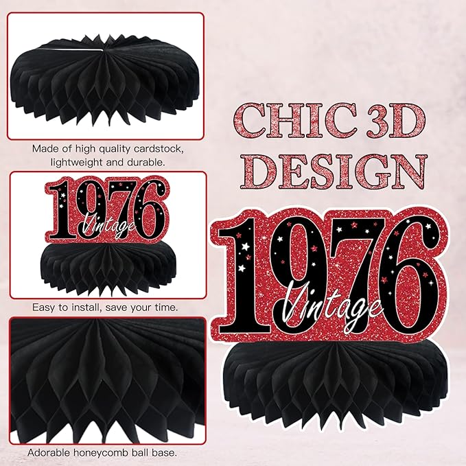 9Pcs 50th Birthday Decorations Red and Black 50th Birthday Party Decorations for Women,Happy 50 Years Vintage 1976 Aged Honeycomb Centerpieces Table Sign Decor Supplies