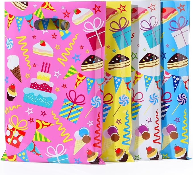 SUNCOLOR Birthday Party Favor Bags, 32 Pack Goodie Bags with Handles, 9.8 x6.7 inches, Pink Blue Yellow White Gift Bags for Kids Parties, Celebrations