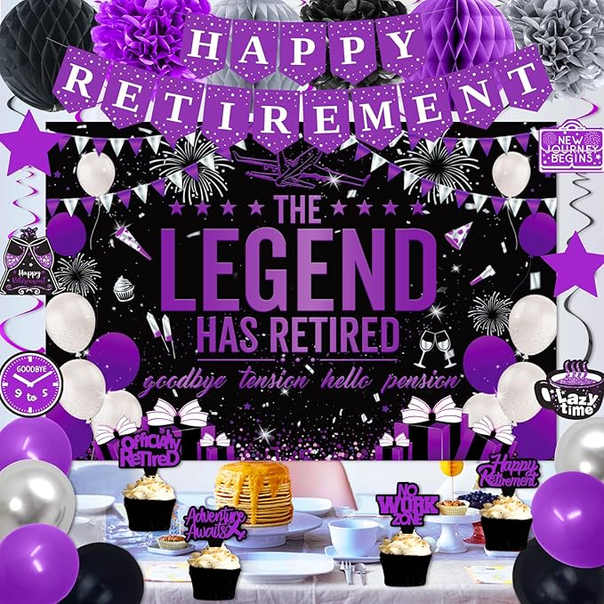 Retirement Party Decorations Women, Purple Black Happy Retirement Decorations Female, Happy RetIrement Banner, Retired Backdrop, Balloons, Pompoms, Hanging Swirls, Retired Cake Topper, 54pcs