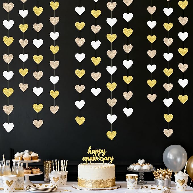 Heart Party Decorations Glitter Gold Champagne Gold White Paper Love Heart Hanging Garland Streamer Banner for Birthday Wedding Engagement Anniversary Valentines Day Baptism Baby Shower Party Supplies